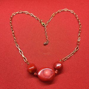 Red Bead Necklace Gold Tone Square Chain